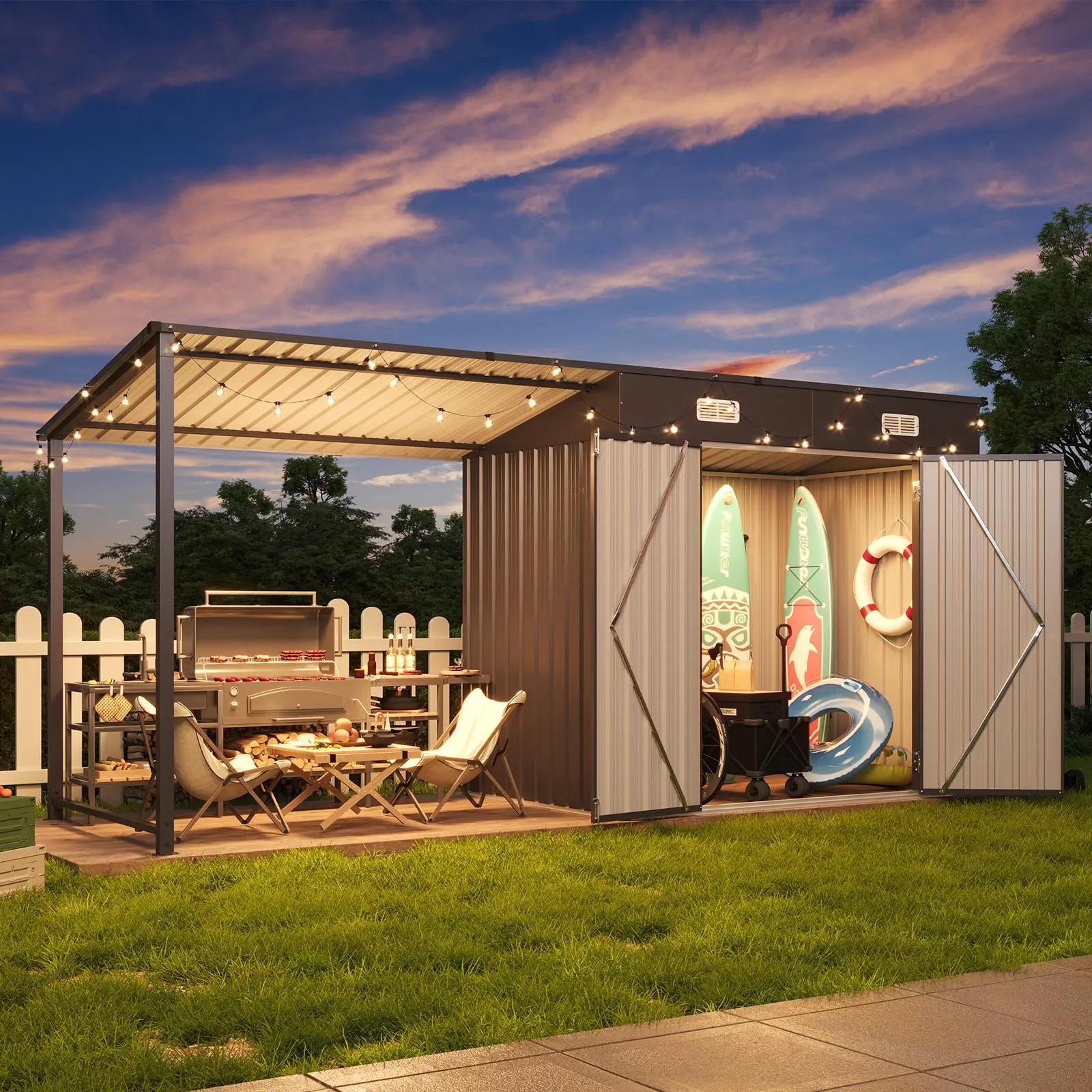 Jolydale 2-in-1 Metal Frame Outdoor Rectangle Lockable Storage Shed & Hardtop Gazebo Combo - 6x4ft Shed Outdoor Storage, 12x4ft Open-Sided Area Pergola, Durable Patio Shelter for Backyard, Deck