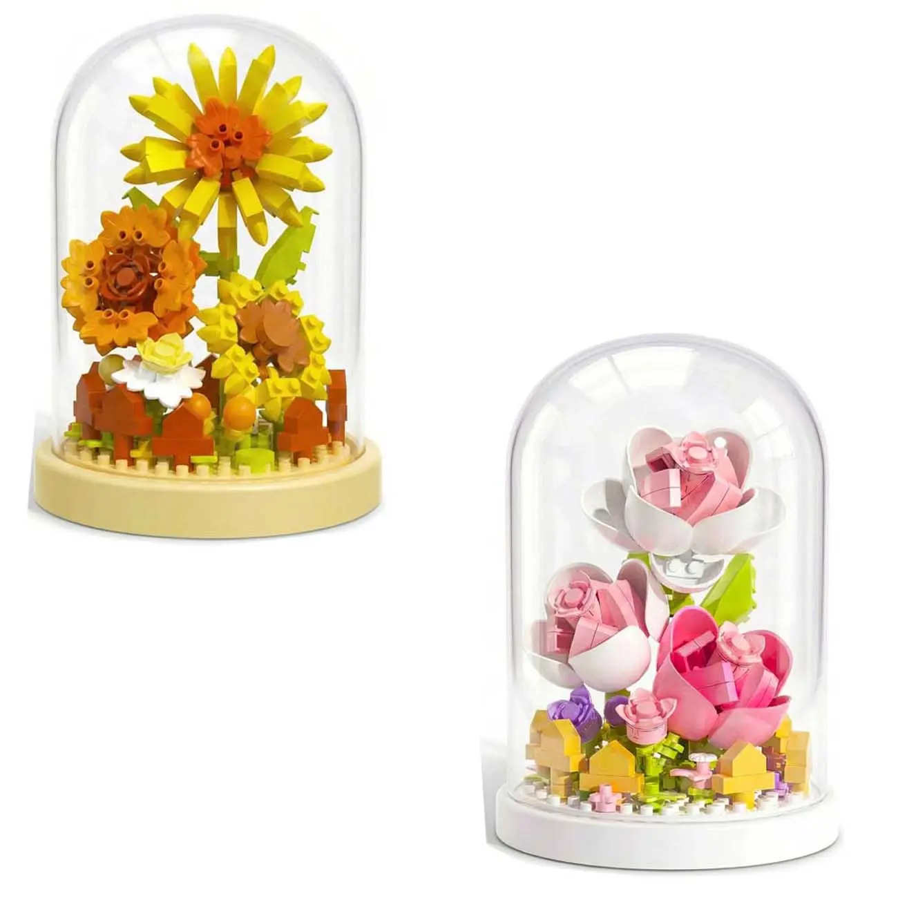 2 Pack Mini Flower Building Block Sets with Clear Plastic Cover Dome, DIY Micro Sunflower and Pink Rose Botanical Collection Bricks Toy, Table Desk Decor Birthday Gift for Women Girls