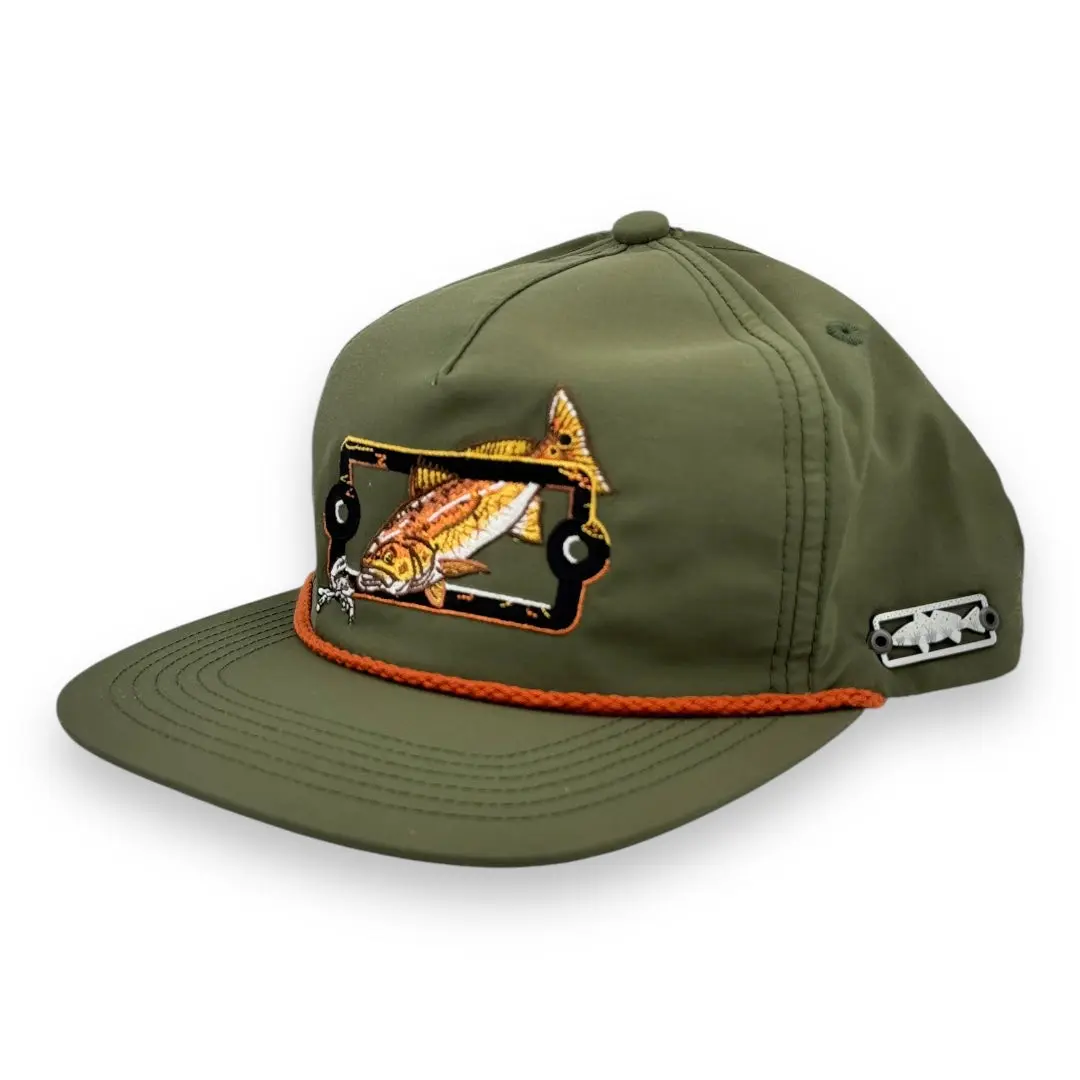Redfish Fishing Hat, Olive Green Snapback with Stars and Reeds Badge, Unstructured 5-Panel
