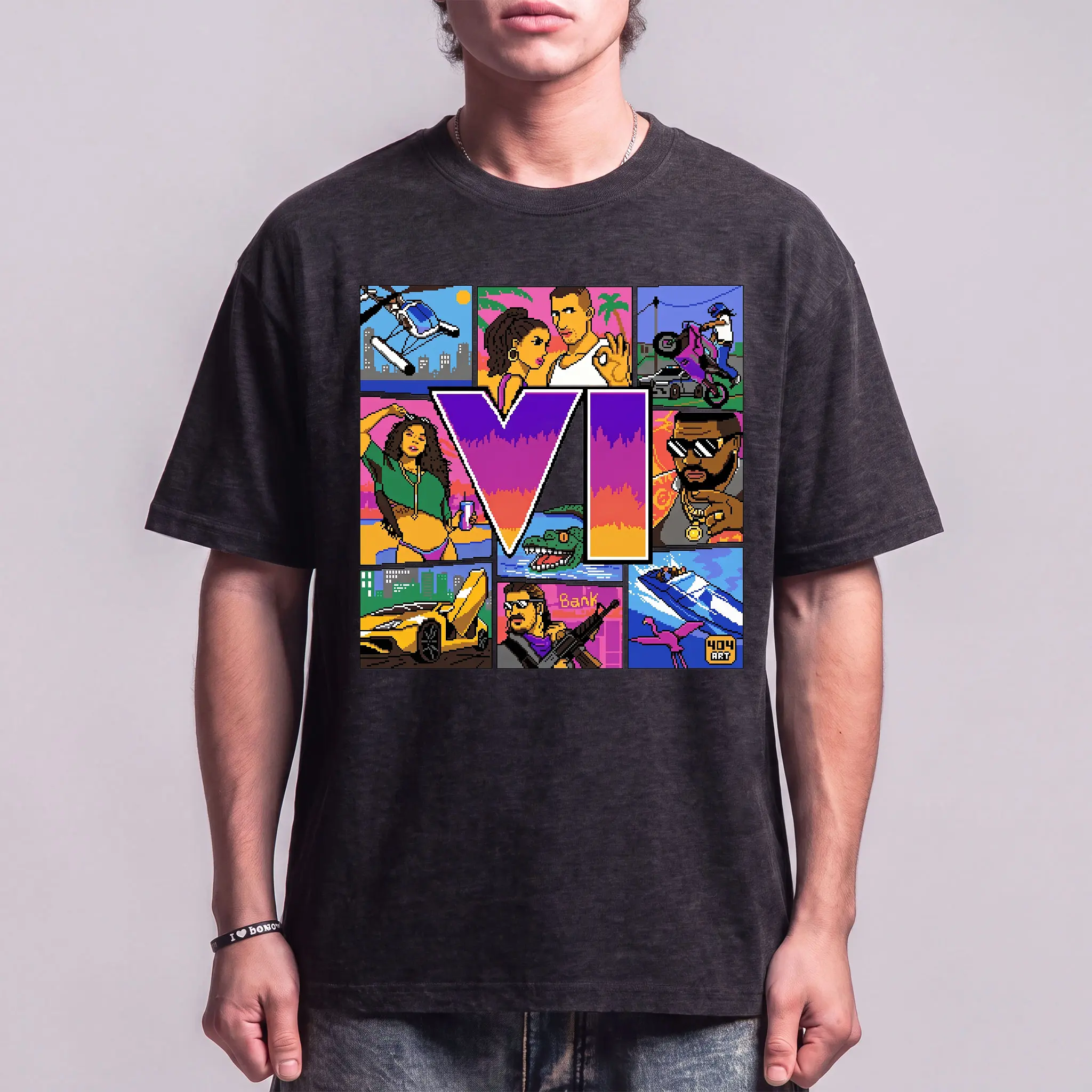 Pixel GTA Crewneck Printed T-Shirt for Men and Women, Regular Fit Soft Stretch Fabric Tee, Colorful Casual Streetwear Top for All Seasons, Quick-Dry Comfortable Graphic Shirt Menswear Garment Tshirt Tropical Shortsleeve