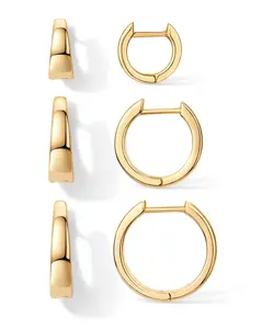 PAVOI 18K Gold Plated Sterling Silver Posts Three Pairs Small Hoop Earrings for Women - Wide Huggie Earscape Piercing Pack - Gold Hoop Earrings Set
