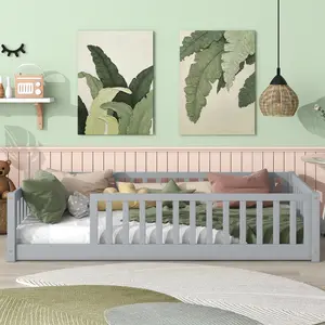 Aobtkel Twin Size Floor Bed with Fence without Door, Twin/Full/Queen Size Bed Floor Bed with Safety Guardrails and Door,Twin/Full Size Montessori Floor Bed for Kids, Solid Wood Bed Frame with Fence, Door & Safety Guardrails, CPC Certified