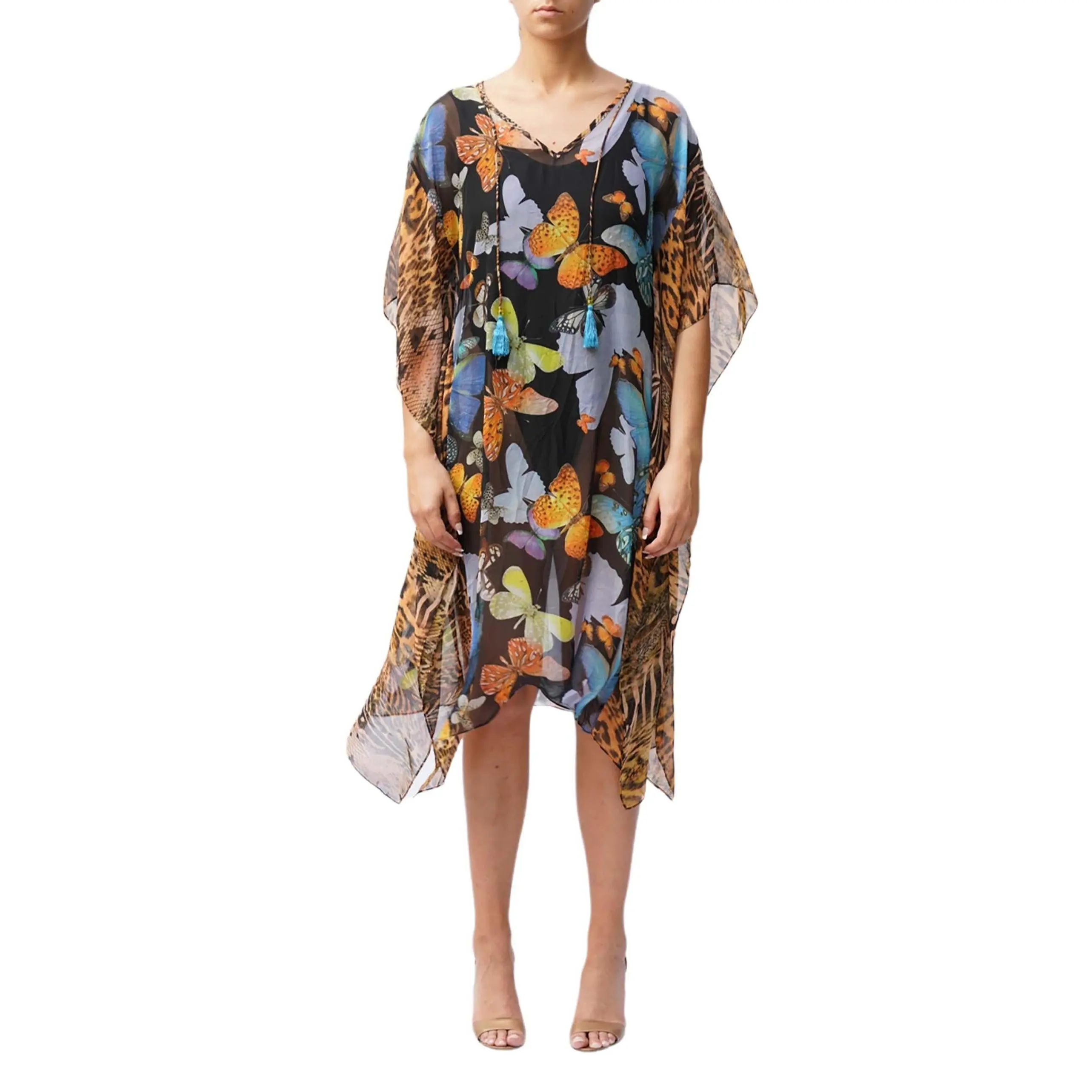 1990S DIANE FREIS Animal Print Multicolored Chiffon Butterfly Kaftan