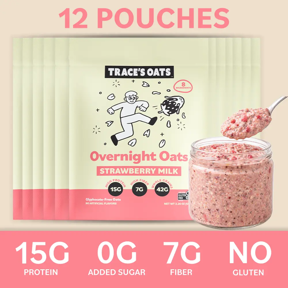 Trace's Oats Strawberry Milk Overnight Oatmeal - 12 Pack, 15g Protein, 0g Added Sugar, Gluten Free, Organic Oats, Fiber, High Protein Oatmeal Shake | Quick Breakfast Cereal, Overnight Oatmeal Shake