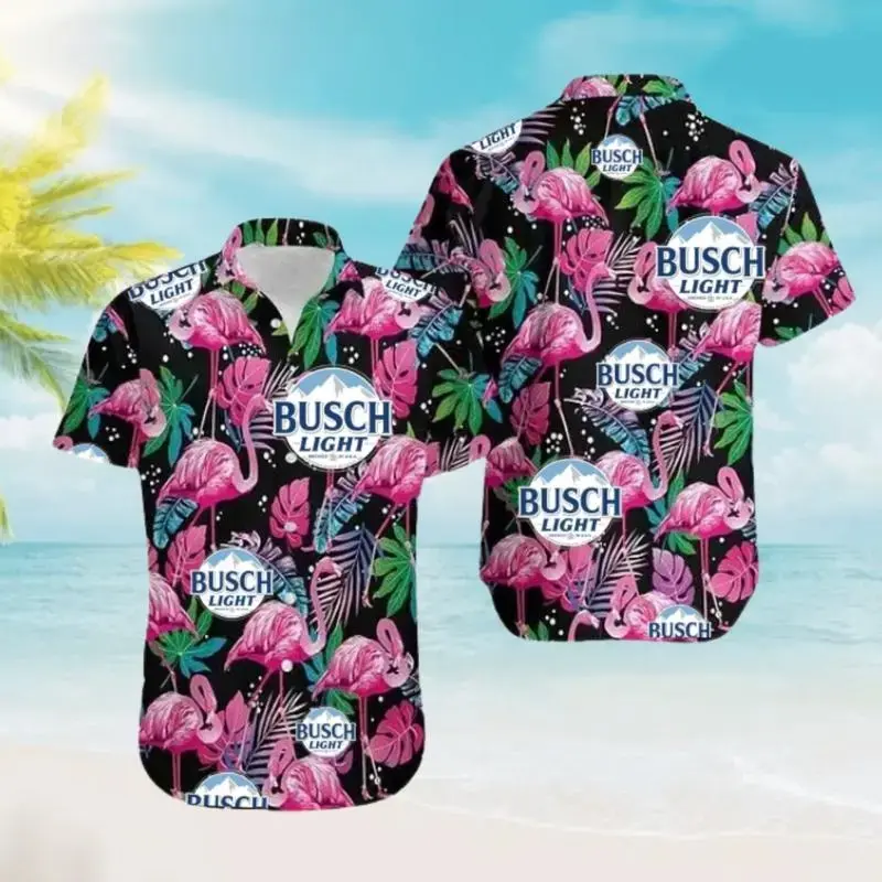 Buuusch Light Flamingo Hawaiian Shirt, Beer Style Tropical Button Down Shirt, Summer Aloha Shirt, Gift for Husband or Wife