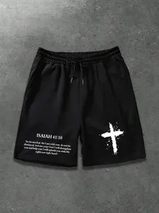 Religious Faith Short Pants, Cross Isaiah 41:10 Bible Print, Street Style, Drawstring Waist, Casual Daily Wear, Light Sports