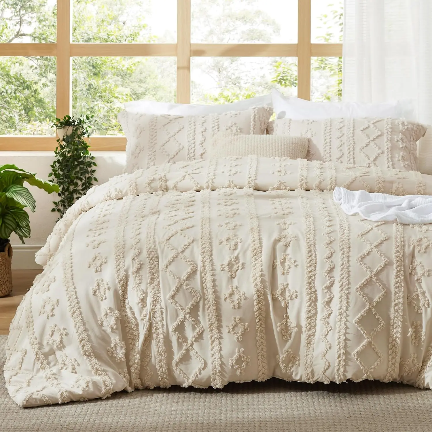 King Size Tufted Boho Jacquard Comforter - Beige Farmhouse Embroidery, Breathable Duvet Set, Machine Washable Duvet, Microfiber Bed Set, Gift for Women