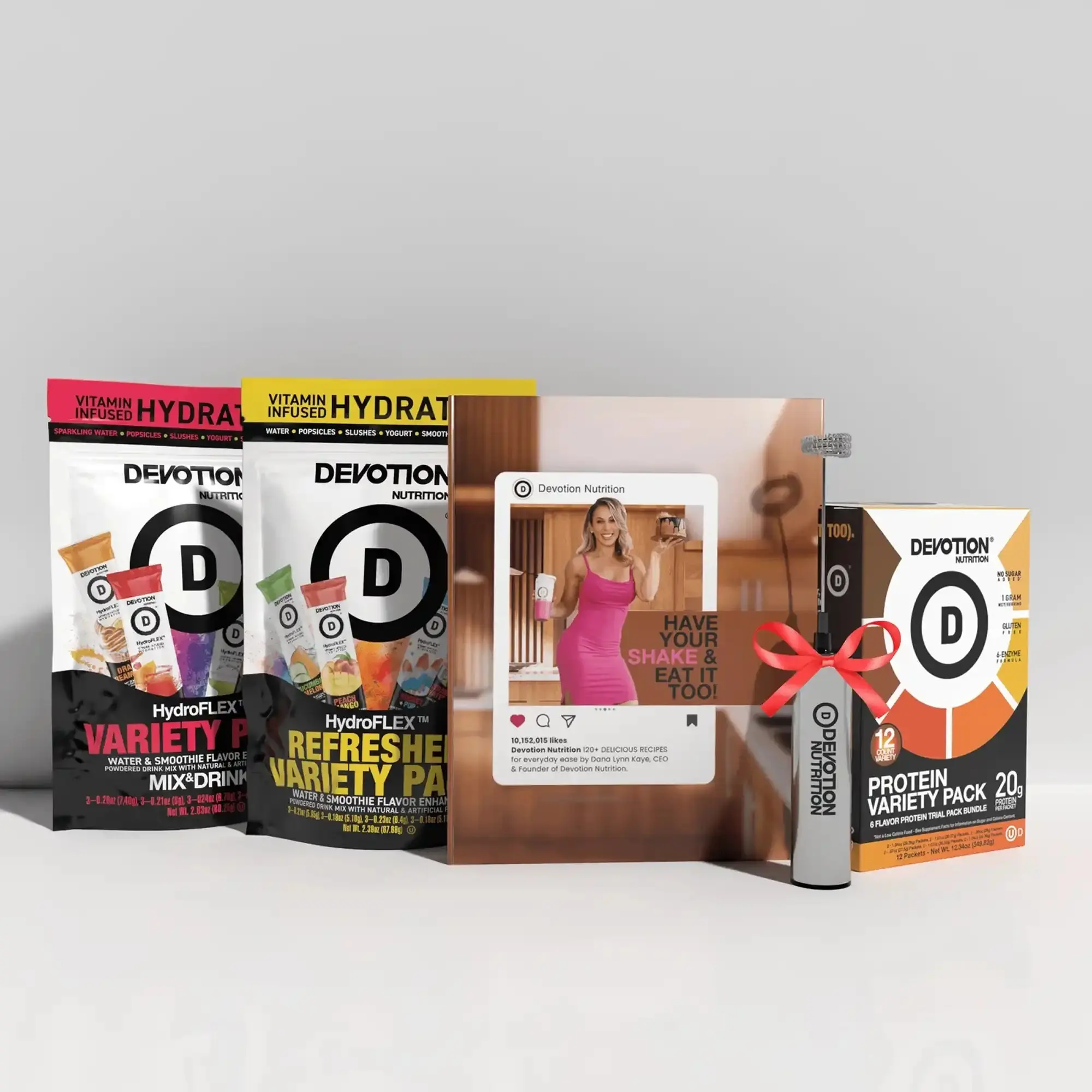 Devotion Nutrition Ultimate Starter Pack (HydroFLEX Original Variety 12-Pack, HydroFLEX Refresher Variety 12-Pack, Rechargeable Travel Frother, Paperback Cookbook: Have Your Shake & Eat It Too!)