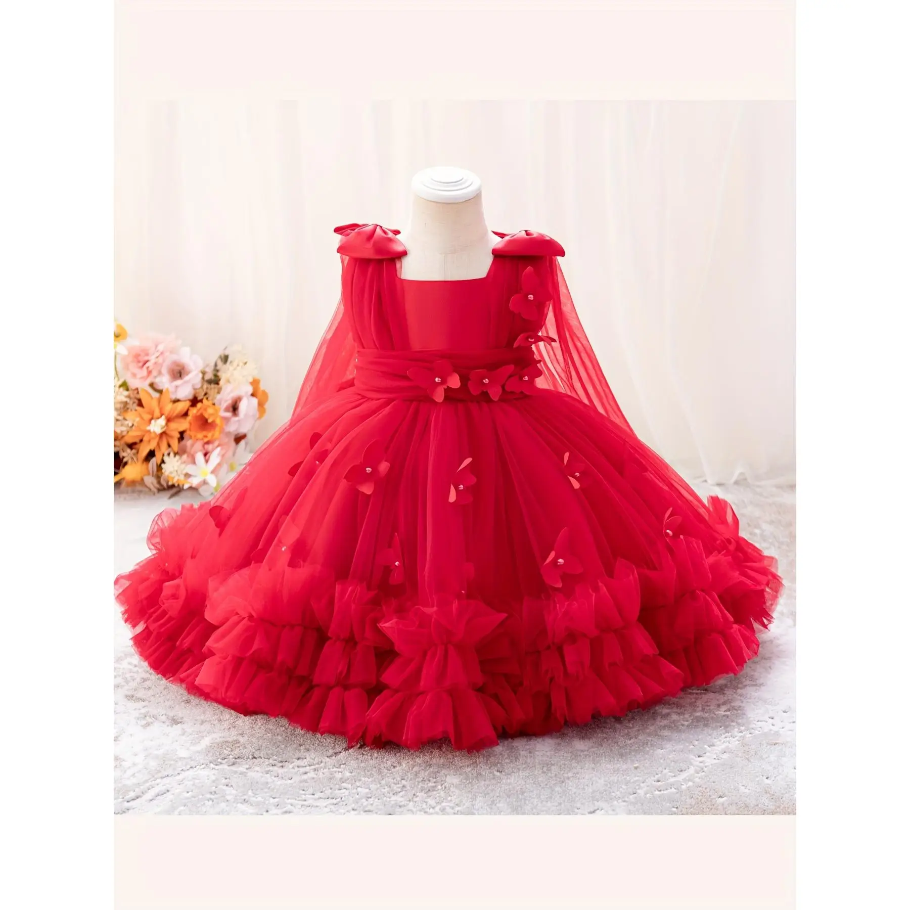 Cute Sweet Tulle A-line Gown Dress For Girls - Ideal For Party Wedding Birthday Banquet Pageant Performance, Girls Occasion Wear, Outdoor Cloth