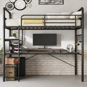 Bunk Bed Twin Over Twin Size with Desk,Loft Bed with Desk Underneath,Loft Beds with High Guardrail and Ladder for Kids,Vintage Black