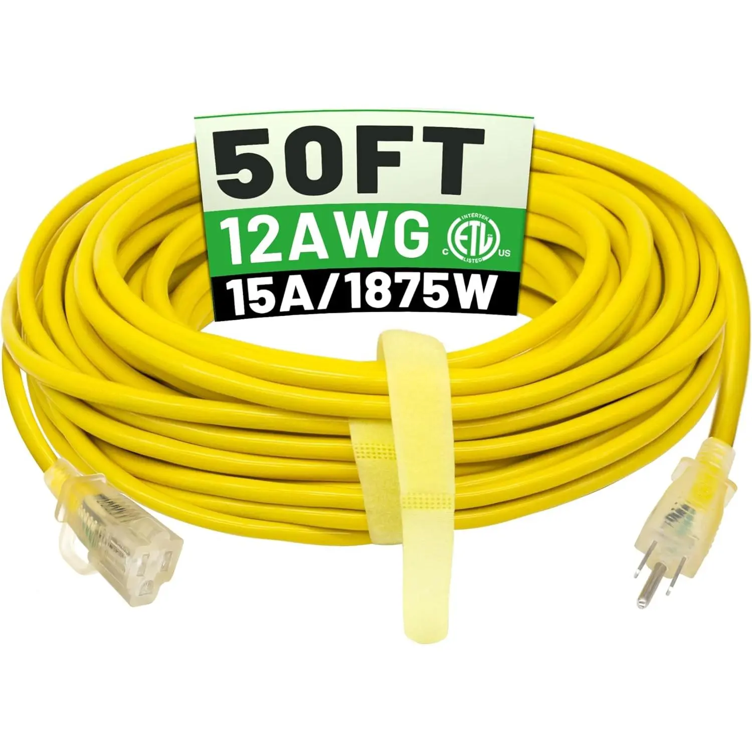 50 Foot Heavy Duty Outdoor Extension Cord, 12AWG 3 Conductor Waterproof SJTW Power Cable, 15 Amp 1875W 125V Male to Female Plug with LED Power Indicator, Cold Heat Resistant Flexible PVC Cord for Garden Workshop Construction