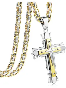 Cross Chain Men's Stainless Steel Byzantine Chains Cross Pendant for Boys Men Cross Necklace for Men Jesus Cross Chain with Byzantine Chain Black Gold 56/61/71 cm Cuban Link Chain