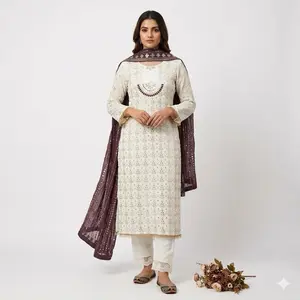 Pakistani Outfits - Casual Women's Outfit with Long Tunic and Dupatta in White & Gold - Womenswear Original Dress
