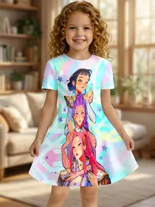Girls Holographic Gradient Anime Girl Group Print Dress, Kids Crew Neck Short Sleeve A-Line Princess Skirt, Casual Summer Skirt for Big Kids