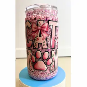 Cat Mom Glitter Snowglobe Tumbler with Pink Bow and Paw Prints 16oz - Perfect for Cat Lovers