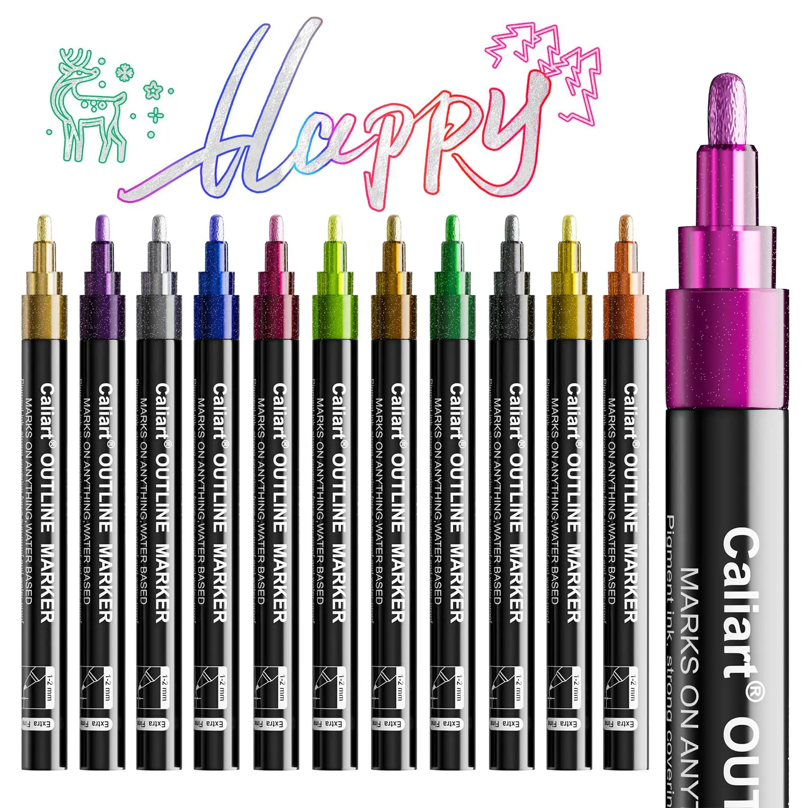 Caliart Official Outline Markers Set 12/24/36Colors Shimmer Glitter Metallic Pens Double Line Marker Glitter Art Marker Pen Set for Drawing Coloring Card Making Journaling Notebook DIY Crafts Art Supplies Craft Supplies Gifts for Teens Adults FS