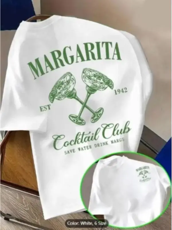 Women's Cotton Loose Shortsleeve Mock Neck T-Shirt - Retro Cocktail Logo Print, Dark Green Margarita Glass Design, Breathable Casual Summer Streetwear Top for Parties