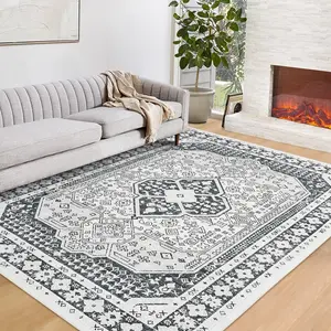 【GARVEE】Washable Area Rugs for Living Room, 8x10 Stain Resistant No Slip Large Area Rug, Ultra-Thin Vintage Moroccan Soft Carpet for Bedroom Dining Room, Black Grey