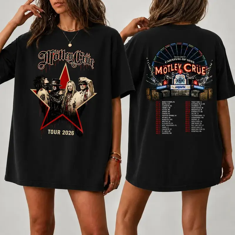 Montley Crue Tour 2026 Shirt, Carnival Of Sins Graphic Tee, Double Sided Rock Band T-Shirt, Vintage Heavy Metal Concert Tee, Unisex Fan Gift