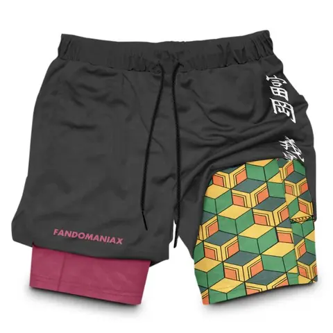 Men's Giyu Anime Character Print Gym Shorts Performance Shorts Summer Double Layer Beach Pants Fitness Training Pant Sports