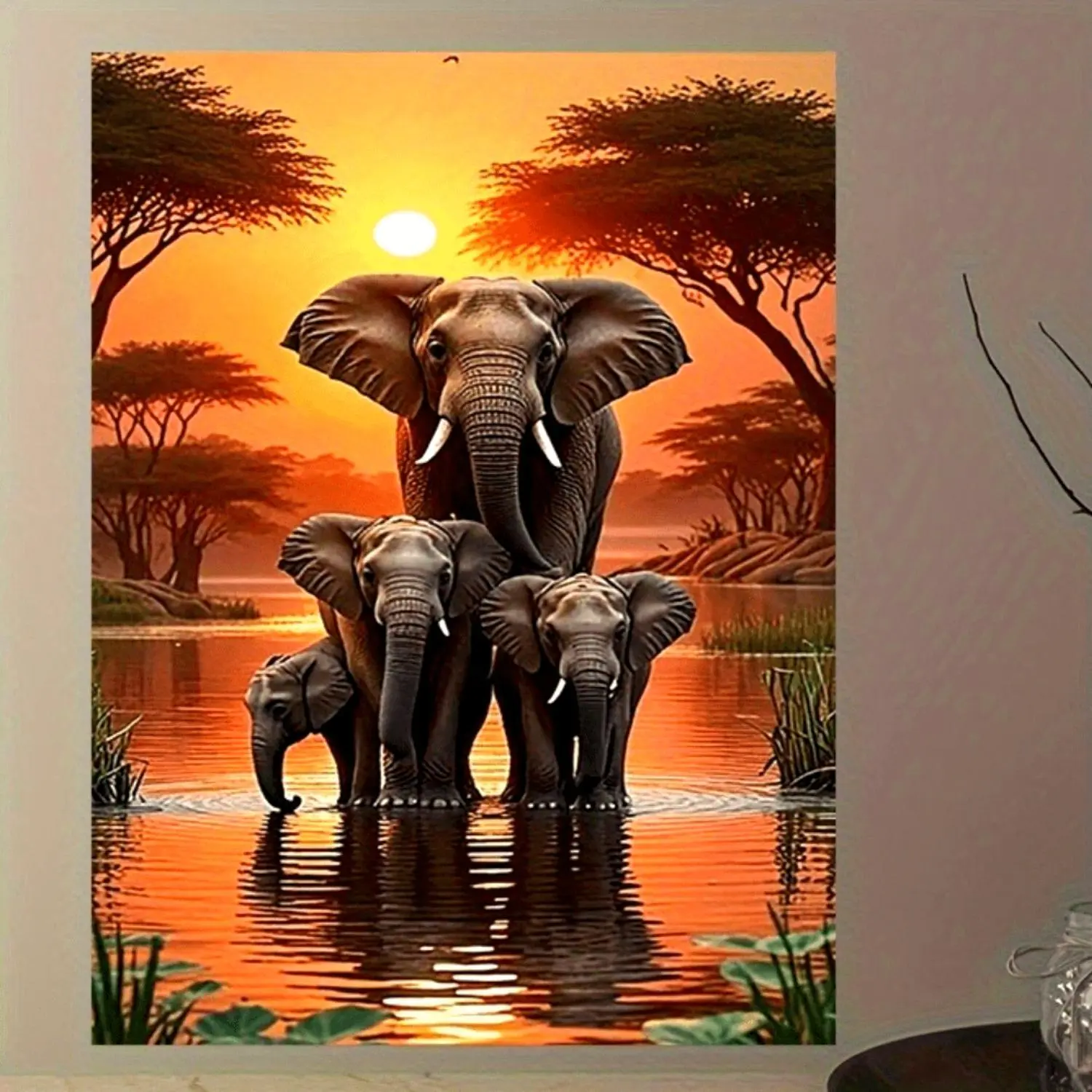 Sunset Elephant Family Canvas Art Print - 12x16 Inch Frameless Wall Decor, African Wildlife Scene for Home, Bedroom, Living Room, Office - Serene Elephants by the Water Poster, African Artwork|Serene Wildlife|Frameless Canvas, Elephant Decor
