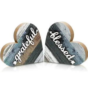 2 Pcs Heart Shaped Wooden Decor - Rustic Family Love Table Centerpiece for Home, Living Room, Bedroom, Kitchen, Office - Ideal Housewarming and Wedding Decoration (Grateful Style) - Home Improvement.