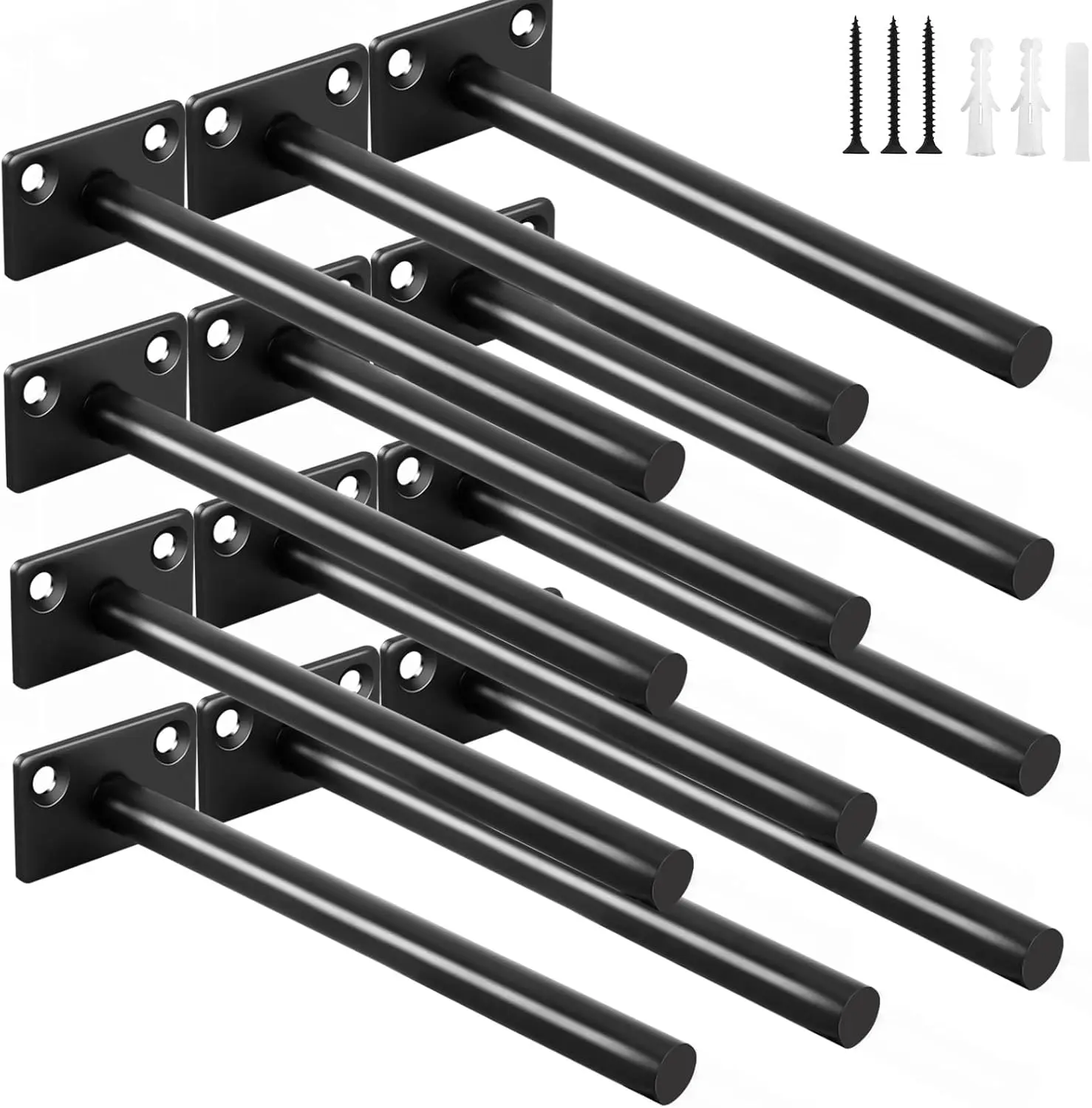 12 Pcs 6" Black Solid Steel Floating Shelf Bracket Blind Shelf Supports - Hidden Brackets for Floating Wood Shelves - Concealed Blind Shelf Support – Screws and Wall Plugs Included