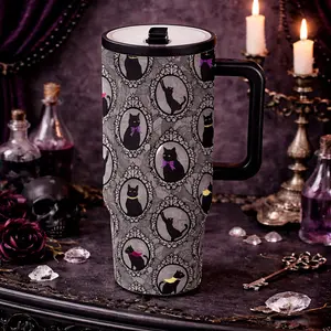 40oz Gothic Aesthetic Black Cat Insulated Tumbler, Drinkware, Vintage Cameo Cat Pattern, Double Wall Vacuum Stainless Steel Keeps Drinks Hot or Cold for Hours, Leak Proof Lid, Large Capacity Handle Mug for Cat Lovers and Unique Gift Fans
