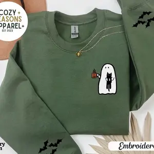 Embroidered Halloween Ghost Holding Black Cat and Drinking Pumpkin Coffee Sweatshirt with Bat Sleeves