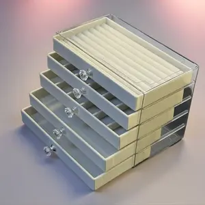 5-Layer Velvet Jewelry Box, Acrylic Dustproof Earring Ring Organizer with Crystal Knobs, Multi-Compartment Jewelry Storage Case for Women Gift