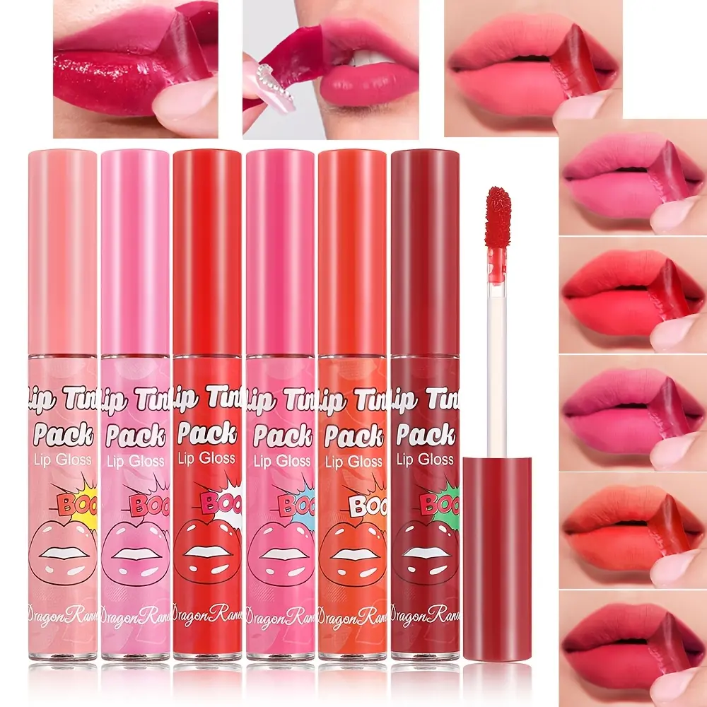 6-Color Lip Glaze Liquid • Long-Lasting, Non-Smudging, Anti-Transfer • Full Coverage Lip Gloss • Color Rendering, Non-Drying, Moisturizing • Peelable Formula • Cute Gift Box Set • Lip Care Set • 6-Color Holiday Gift Lip Gloss