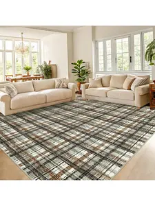 Green Coffee-2*6 feet  Modern Plaid Machine Washable Area Rug Non Slip Non Shedding Throw Rugs Stain Resistant Pet Friendly For Bedroom Living Room Low Pile Ultra Thin Flodable Indoor Carpet For Dining Room Kitchen Nursery
