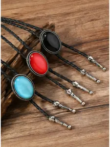 Oval Gemstone Bolo Tie Necklace, Vintage Western Boho Style Jewelry with Turquoise/Red/Black Oval Stone & Braided Leather Cord Detail, for Men & Women, Western-themed Events, Daily & Boho Fashion Occasions