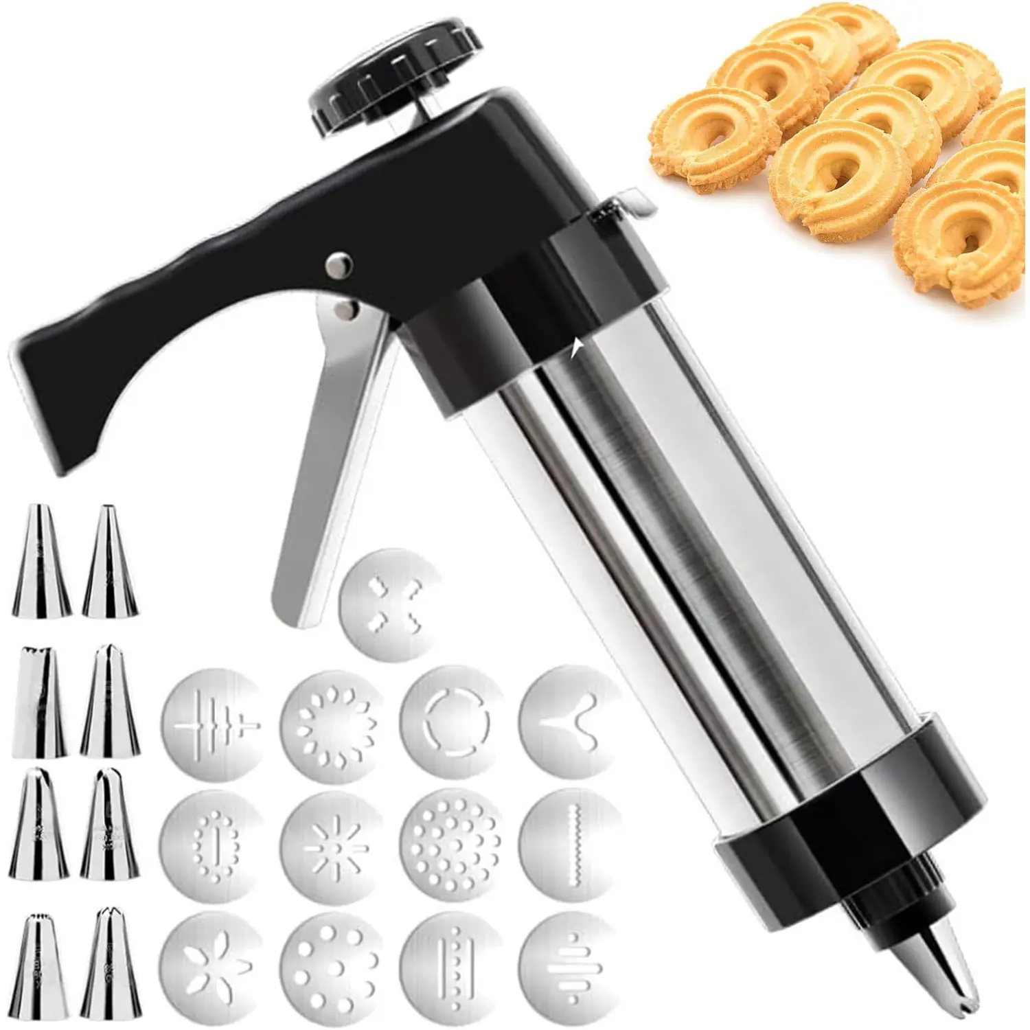 MIUVA Stainless Steel Reusable Cookie Press Gun Kit - 13 Disc Variety, 8 Piping Tips, Multiple Molds for Holiday Baking, Spritz or Pipe Desserts & Cake Icing - Kitchen Bakeware Utensils Value Pack