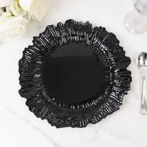 10 Pack Economy Plastic Charger Plates – 13" Black Reef Rim Design Chargers for Weddings & Parties