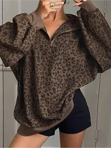 Women's Casual Zip Front Corduroy Long Sleeve Leopard Print Sporty Sweatshirt, Loose-Fitting Spring & Fall Fashion, Comfortable Daily Wear
