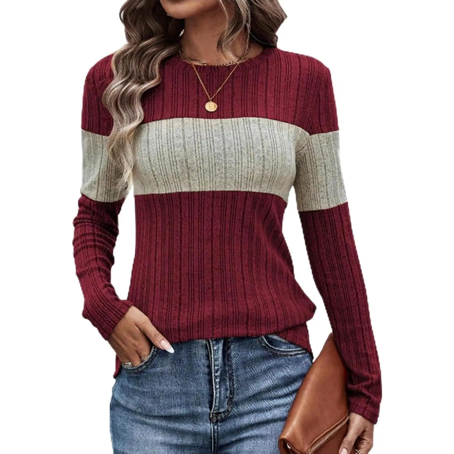 Women's Plaid Color Block Knitwear Tunic Top, Casual Fitted Cut Long-Sleeve Ribbed Knit Pullover with Round Neck, Drop Shoulder, Machine Washable, Tops, Women's Clothes, Colorblock Knit Sweater, Pull On