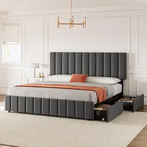Upholstered Platform Bed Frame, Bed Frame with 4 Storage Drawers Adjustable Height Headboard, No Box Spring Needed,Easy to Assembly