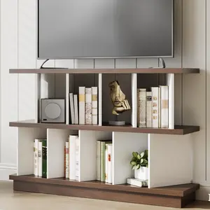 Garvee Farmhouse Horizontal Bookshelf - 8 Cube Wood Storage Organizer, Short Geometric Bookcase, Space-Saving Display Shelves for Living Room, Nursery, Apartments in Walnut Finish