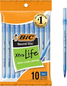 BIC Round Stic Xtra Life Blue Ballpoint Pens, Medium Point (1.0mm), 10-Count Pack of Bulk Pens, Flexible Round Barrel for Writing Comfort, No. 1 Selling Ballpoint Pens