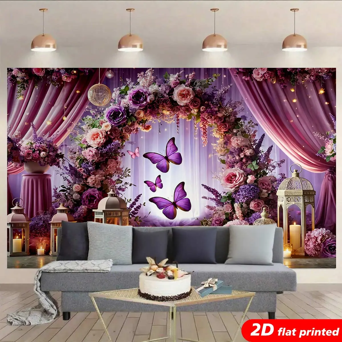 Polyester Tapestry Wall Hanging - 2D Flat Printed Magical Purple Rose Butterfly, Floral Arch & Lantern Design, Photo Backdrop for Bridal Shower, Decorative Home Supplies, Wrinkle Resistant Fantasy Aesthetic Gift