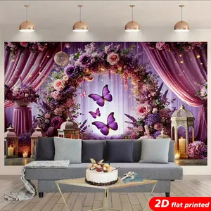 2D Flat Printed Magical Purple Rose Butterfly Tapestry Wall Hanging - Flower-Theme Decor with Floral Arch, Lantern Design, Nature-Element Backdrop for Wedding Photo Booth, Romantic Room Decor, Ideal Gift