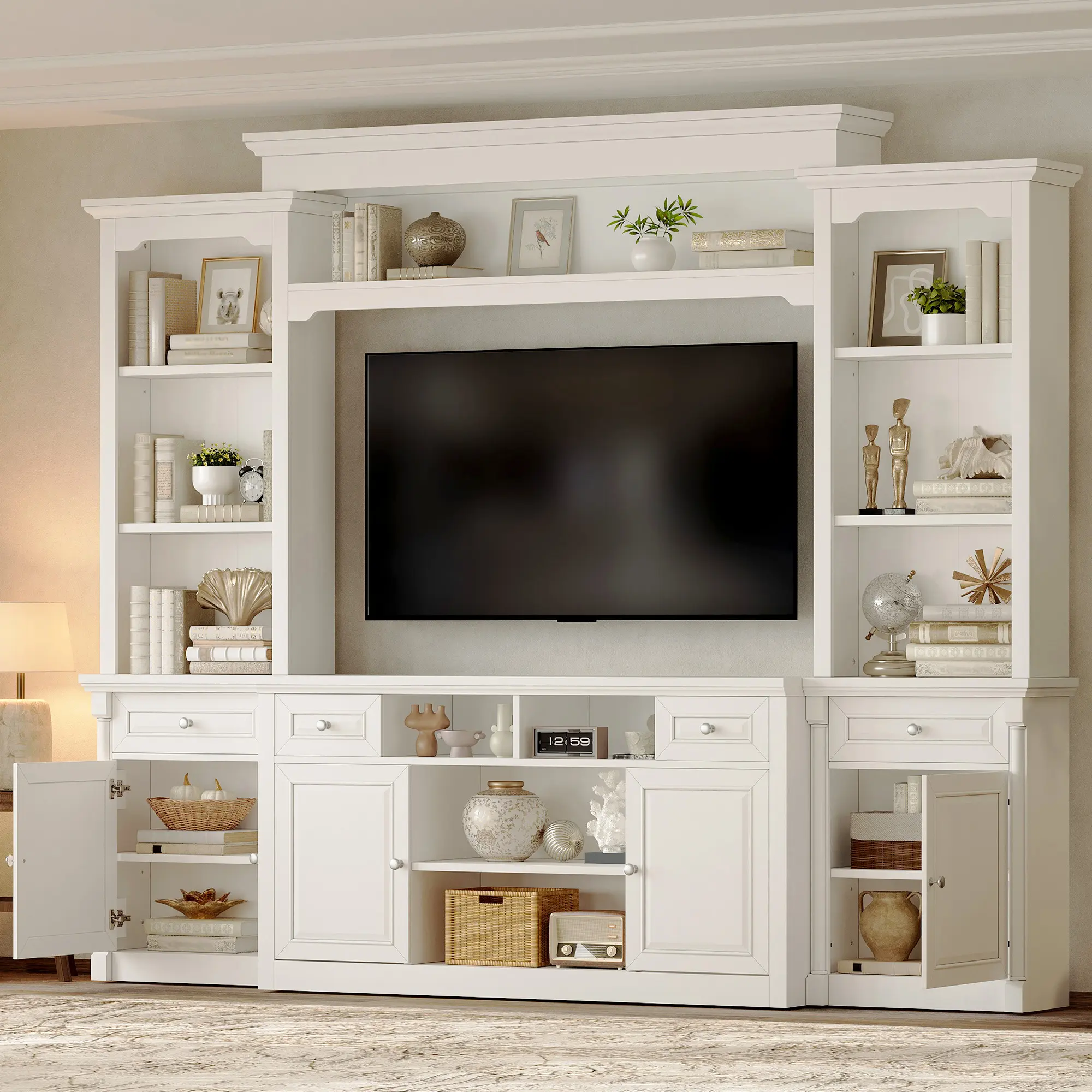 [Ships in 2 Boxes]VanAcc 102.8" Wall Unit Entertainment Center with Bookshelves for TVs up to 75", Multifunctional TV Stand Media Console Table with Cabinet & Storage Drawer & Adjustable Shelf for Living Room #homemakeover