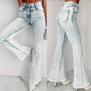 Plus Size Kancan Acid Wash High Rise Flare Denim Jeans Womenswear Bottom Leg Spandex Button Chic Fashion Style Zipper Pants Streetwear Trouser Light