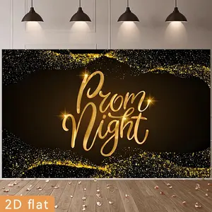 2D Flat Banner Polyester Photography Backdrop, HD Digitally Printed Black and Gold Glitter 'Prom Night' Photo Background Cloth, Soft Lightweight Foldable Machine Washable for Prom Night, Graduation Party, Wedding, Birthday, Event