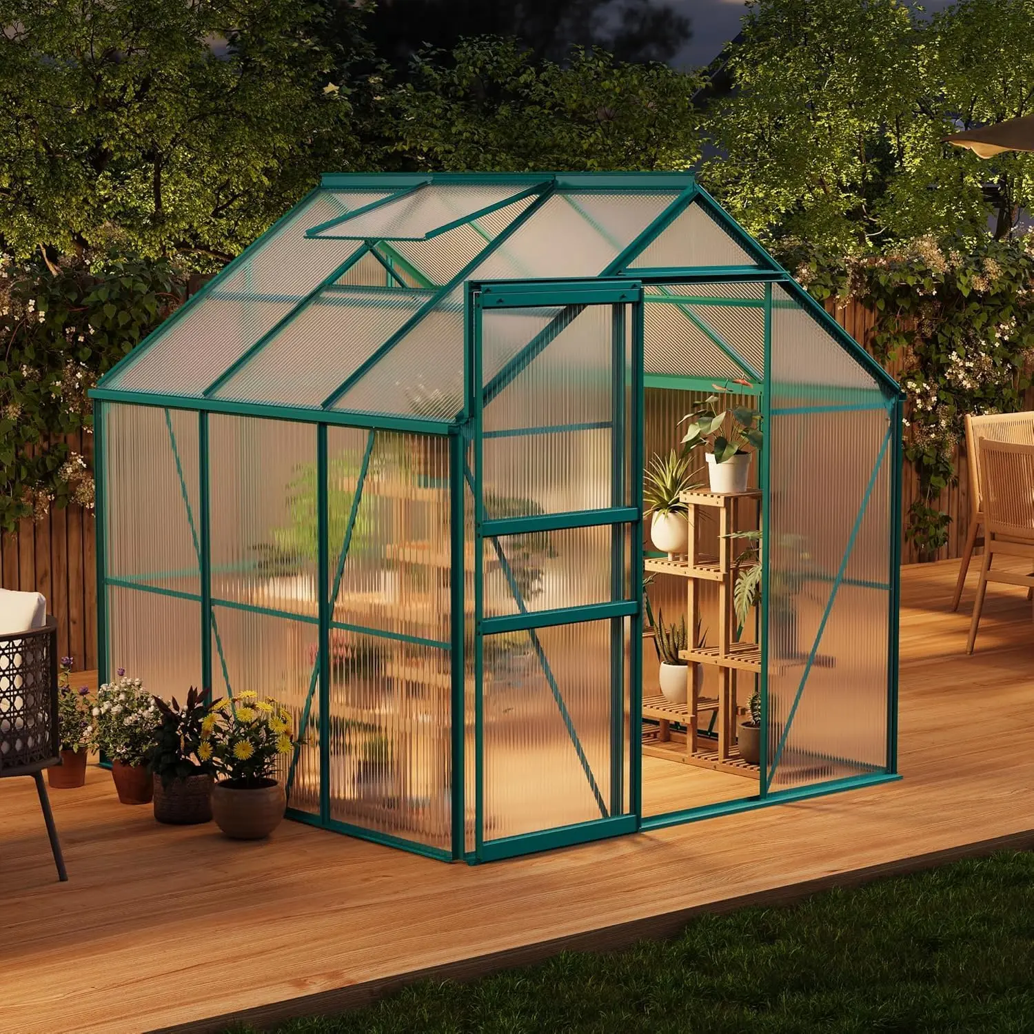 Garvee 6x6 ft Heavy-Duty Polycarbonate Outdoor Greenhouse with Sturdy Aluminium Frame, Sliding Door, Adjustable Roof Vent, Rain Gutter, Innovative Slide-In Panels, Ample Space Walk-In Design, Assembly Required for Patio & Backyard Year-Round Gardening, Ba