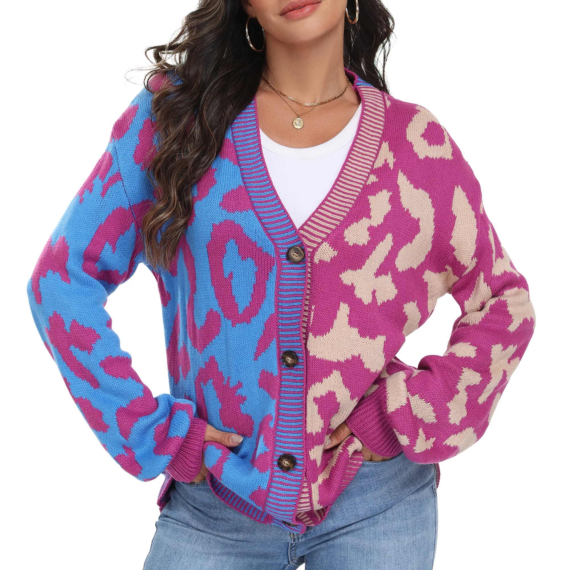 SeSe Code Women's Color Block Leopard Cardigan V Neck Long Sleeve Button Down Sweater Outwear
