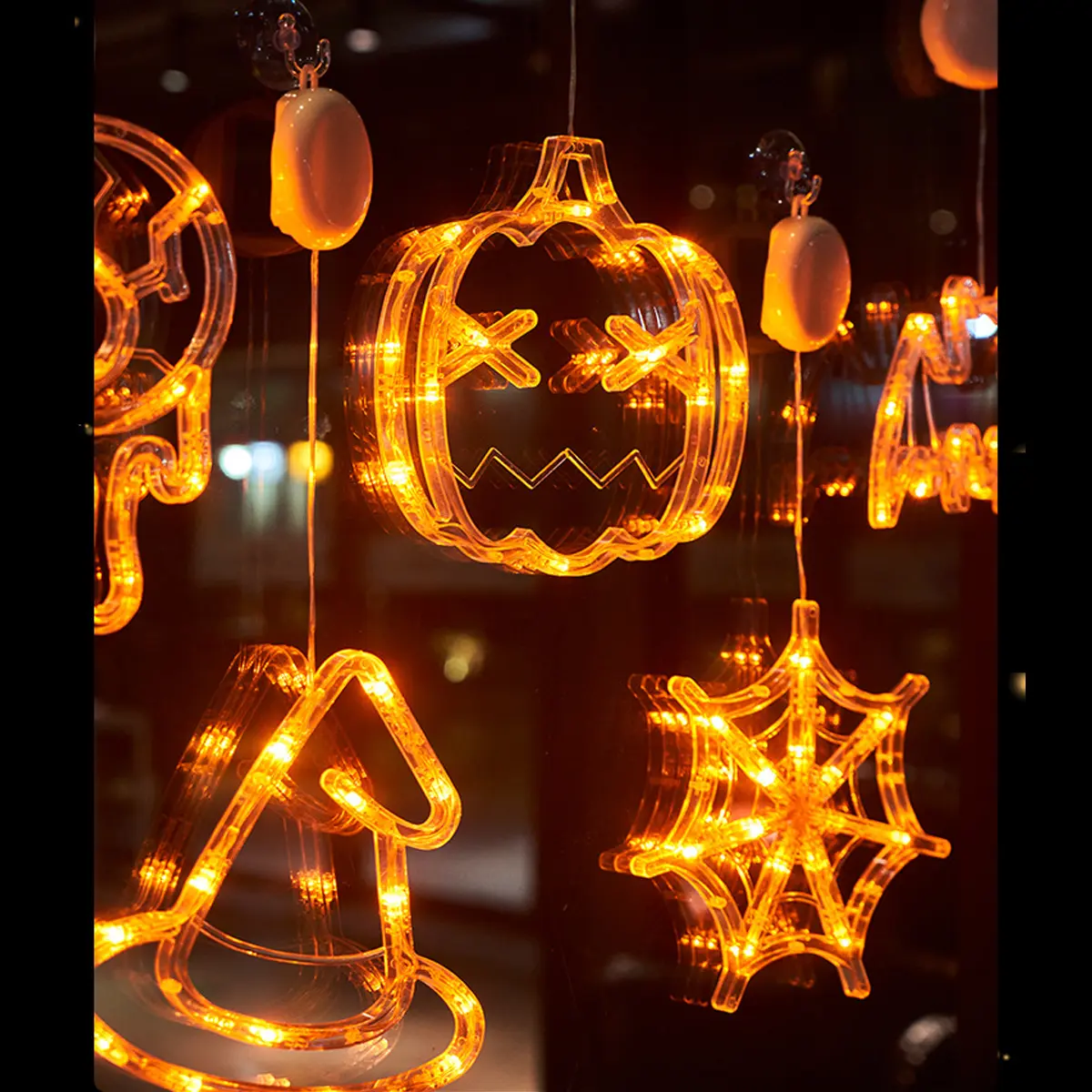 Halloween Window LED Lights 3-Pack (2026), Pumpkin Ghost Bat Silhouettes, Slow-Glow Fade, Battery-Powered, Suction Cup Snap Installation