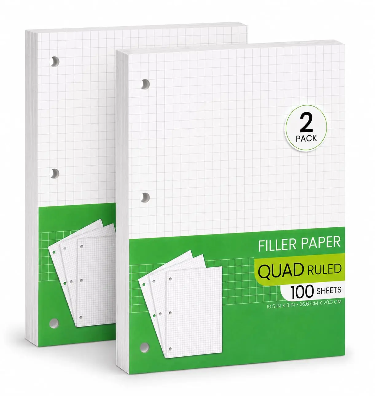 Loose Leaf Graph Paper - 8” x 10.5" - Graph Ruled, 4x4 Quad Ruled Notebook Paper, 3 Hole Punched Loose Leaf Papers for 3 Ring Binders - 100 Sheets per Pack