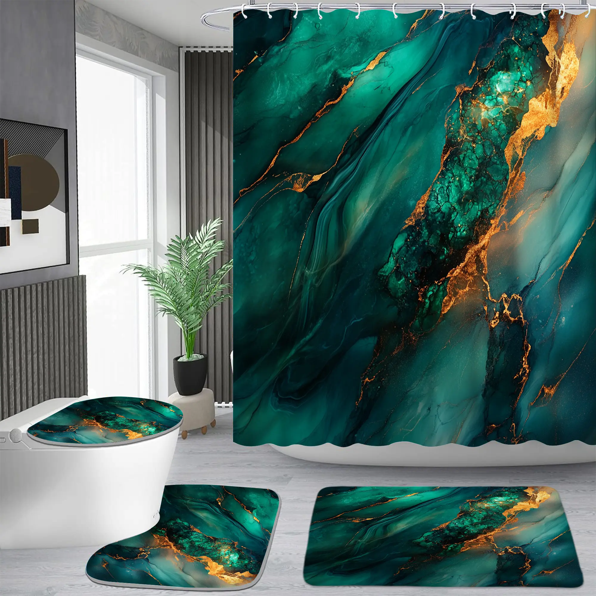 Emerald gilt marble pattern shower curtain set, waterproof shower curtain with 12 hooks, non-slip bathroom carpet, toilet U-shaped cushion, toilet seat cover cushion, bathroom shower curtain set, perfect moving gift.